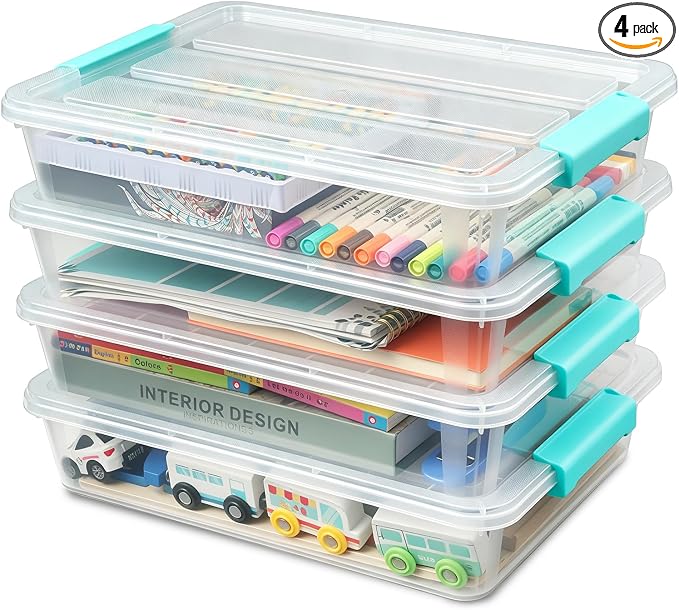 EOENVIVS 4 Pack Clear Storage Bins with Lids, A4 File Boxes, Green Latches | Craft storage bins sensory bins A4 paper US Letter paper classroom art supplies project organization by EasyCozyHomey