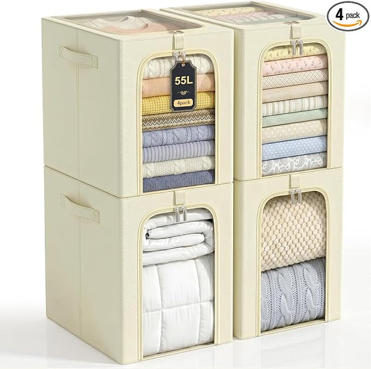 GoMaihe Blanket Storage Bins with Metal Frame for Closet, 55L 4-Pack Beige | Clothing Comforters Bedding Winter Coat, Closet Top Shelf, Collapse-Proof Stackable, Clear Window, Dual Access Space Saving by GoMaihe