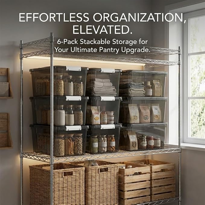 19 Quart Stackable Plastic Storage Bins with Lids, 6 Pack Clear Black Organizer Boxes with Secure Latches for Garage, Tools, Closet, Office, Durable Storage - Image 5