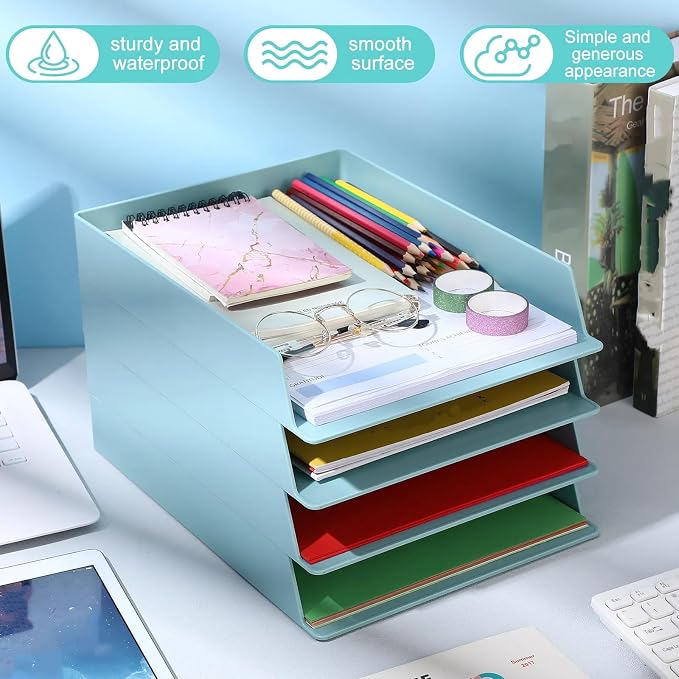 Tatuo 6 Pack Stackable Paper Trays Plastic Letter Tray Desk Organizer Paper Holder Organizer Storage Office Desk Accessories for Classroom Magazine File Documents 12.8 x 9.45 x 1.97, Blue Green - Image 4