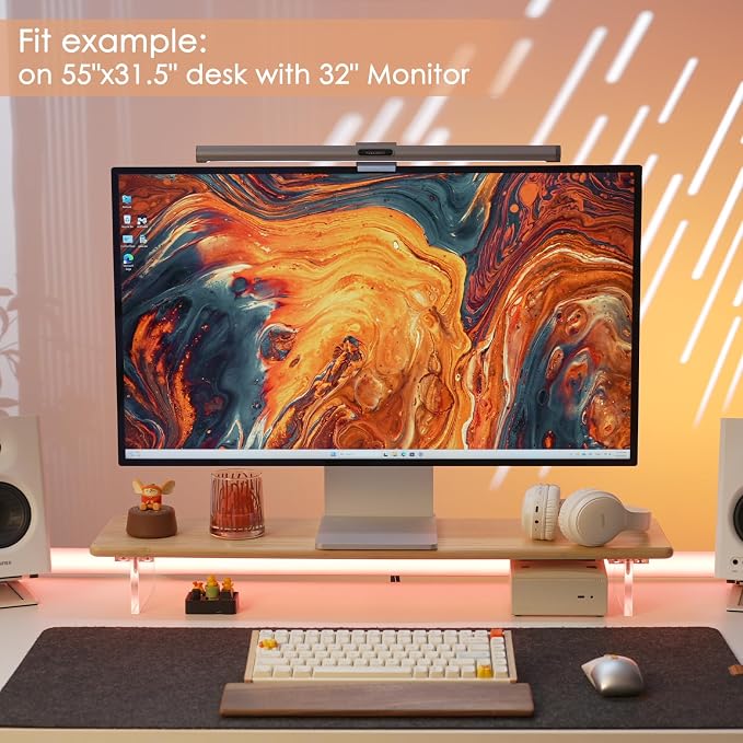 Bamboo Monitor Stand, Desk Shelf with Acrylic Legs and RGB Lights | 31.5-Inch Wide, 3.3-Inch Clearance, Fits Monitor, Laptop, Printer and Speakers for Small Desks - Image 6
