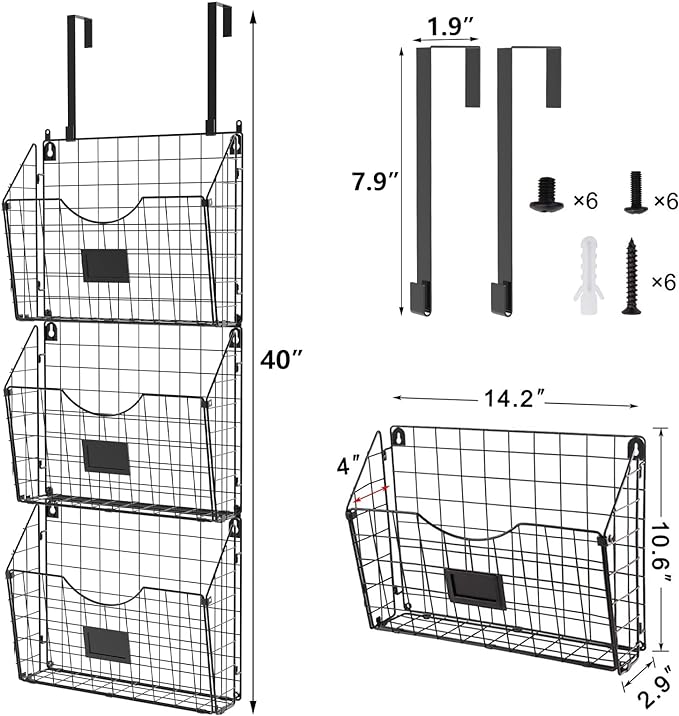 X-cosrack 3-Tier Hanging Wall Files Rack with Door Hooks and 6pcs S Shape Hooks, Over the Door File Organizer &Mounts on Wall Metal Folder, with Tag Slot Great for Office Home and Work- Black - Image 2