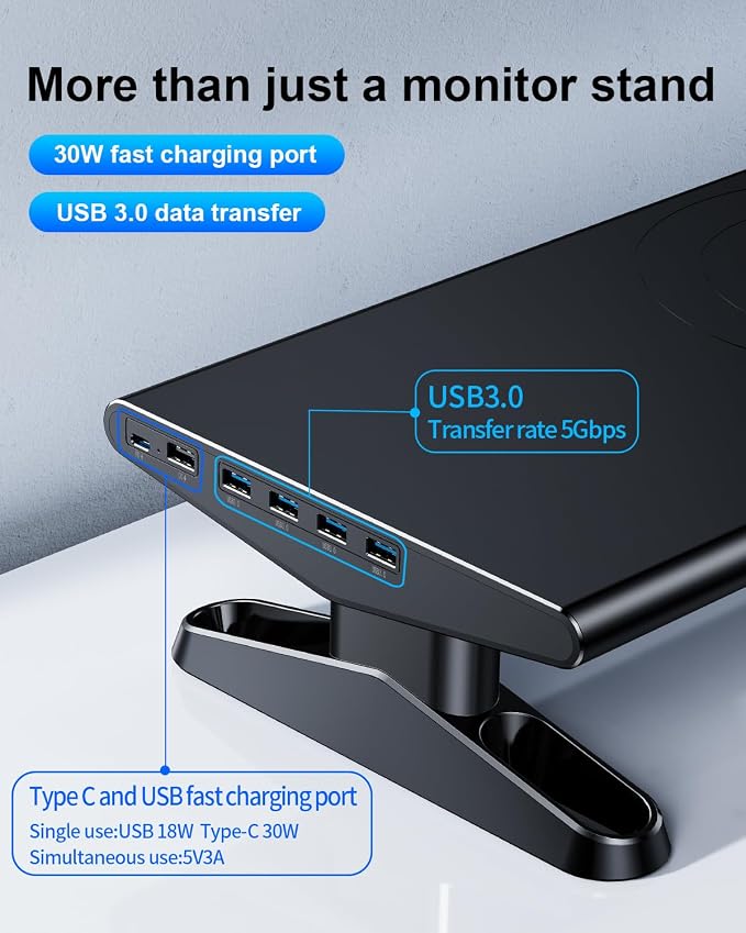 Computer Monitor Stand Riser for Desk with Usb Hub Charging,30W/5Gbps Usb C Docking Station with Power,4.4-5.7''Freely Height Adjustable with Phone Stand,Monitor Stands Riser for PC,Laptop,Printer,TV - Image 3
