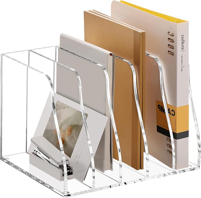 Acrylic Magazine File Holder - 5 Vertical Compartments Clear Desk Document Sorter Organizer, No Assembly 5mm Thick Folder Rack Binder for Office Home Classroom, Holds Books, Planners & Greeting Cards by AcrylicBusinessCardHold