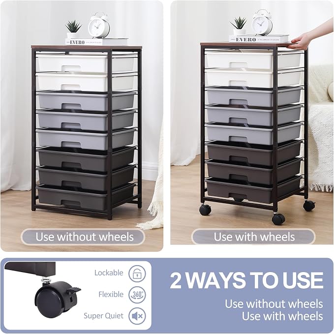 SYKIARIOL Rolling Cart with Drawers,8 Drawers Utility Cart,Grey Gradient | Craft Organizers and Storage with Wooden Tabletop for Living Room,Classroom,Bedroom,Bathroom,Dorm,Office - Image 5