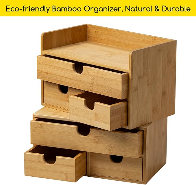 MEEDEN Bamboo Desk Organizer with Drawers: Desktop Storage Container with Shelf - Tabletop Storage Organization Box for Office Home Toiletries Supplies - Image 5