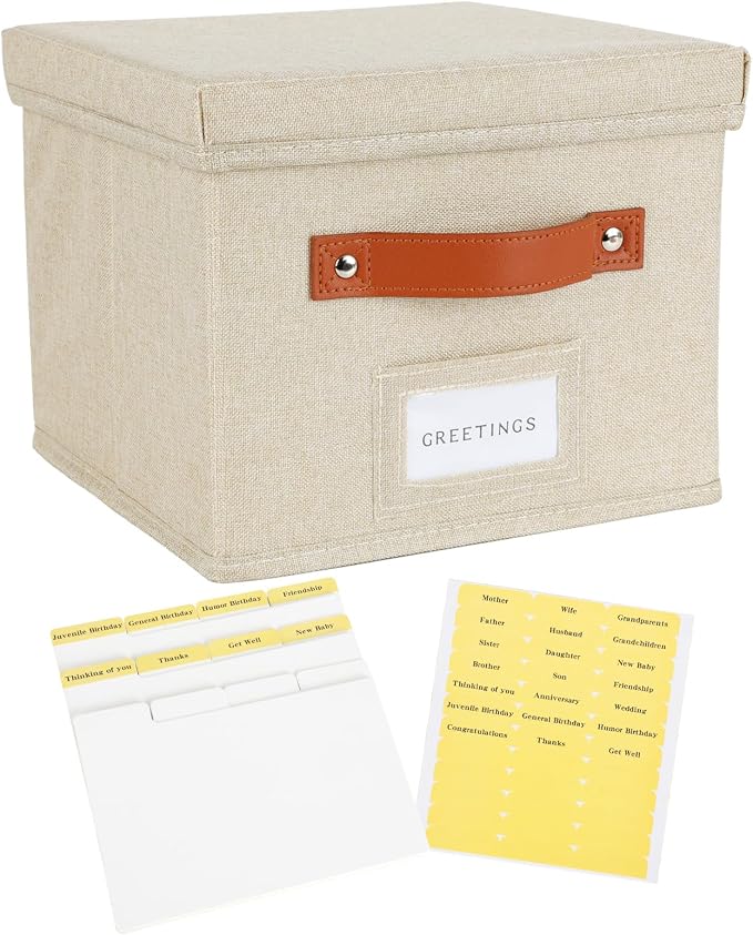 Greeting Card Organizer with dividers - Storage Box with lid Holds 150+ Cards - Assortment Box for Greeting Cards,Recipes, Photos, Envelopes, Keepsake - 9 x 9 x 7 Inches (Beige, 1 pcs) by TARSUKA