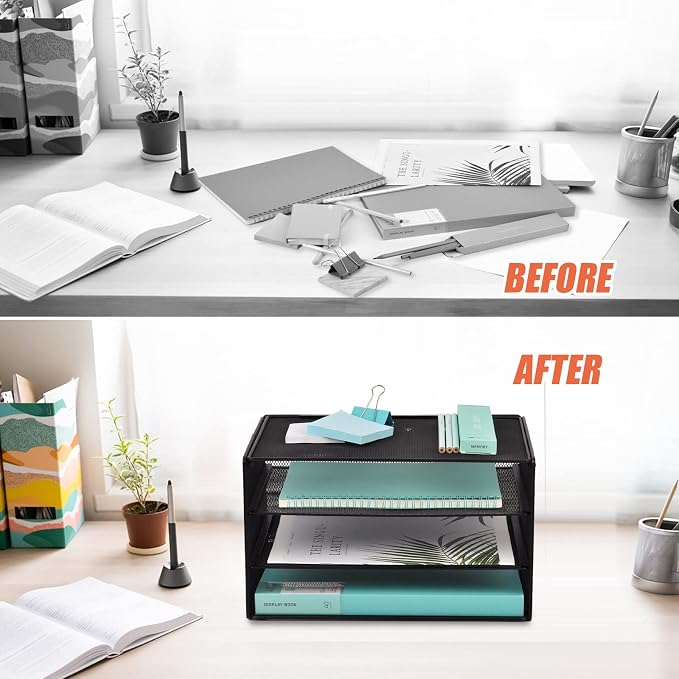 3 Tier Mesh Desk Organizer Tray, File Paper Letter Folder Holder Desktop Paper Sorter Mail Organization Rack Storage Accessories, for Office Home School Classroom, Black - Image 3
