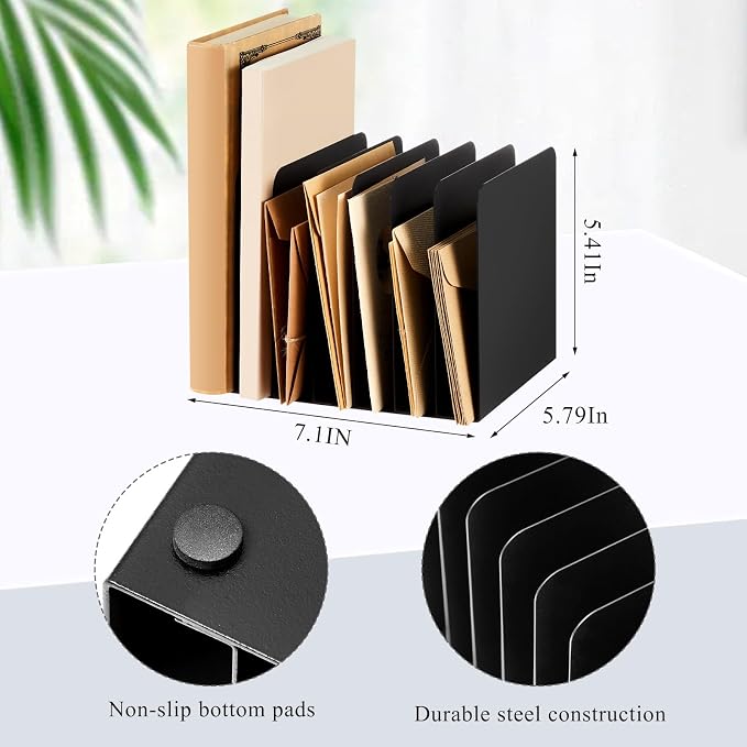 Suzile 2 Pcs Vertical Metal Desk File Organizer, 7 Compartments Desktop Document Sorter & Mail Holder for Office Home Classroom, Black - Image 2
