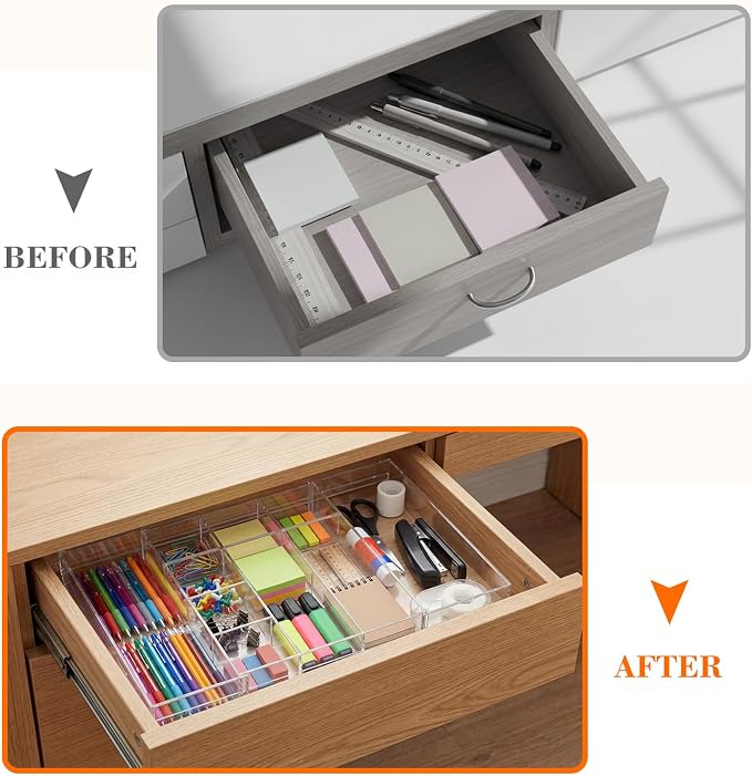 Briwooody Clear Acrylic Drawer Organizer Expandable,10 Compartments,Medium | 9'' up to 18'' x 12'' x 2.1'' Desk Drawer Organizer Trays Adjustable with Desk Accessories for Makeup Office Bathroom - Image 5