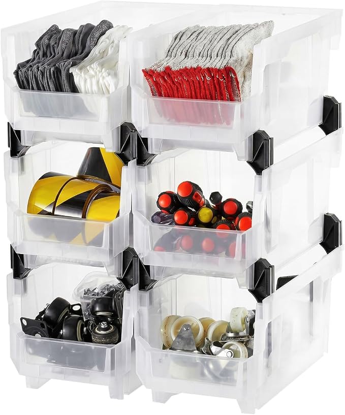 VEVOR Plastic Stackable Storage Bins, 14.8 x 8.5 x 7.1 inch (6 Pack), Plastic Containers for Organizing & Storage Bins for Closet, Garage, Small Parts, Office Supplies, Other Accessories, Transparent by VEVOR