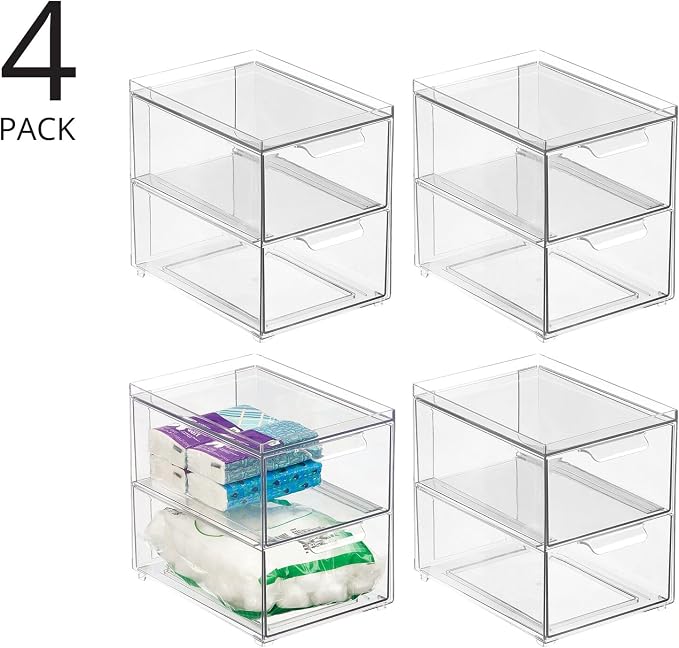 mDesign Stackable Storage Containers Box with 2 Pull-Out Drawers - Stacking Plastic Drawer Bins for Master or Guest Bathroom, Linen Closet, Vanity, Makeup Table Lumiere Collection 4 Pack, Clear - Image 4