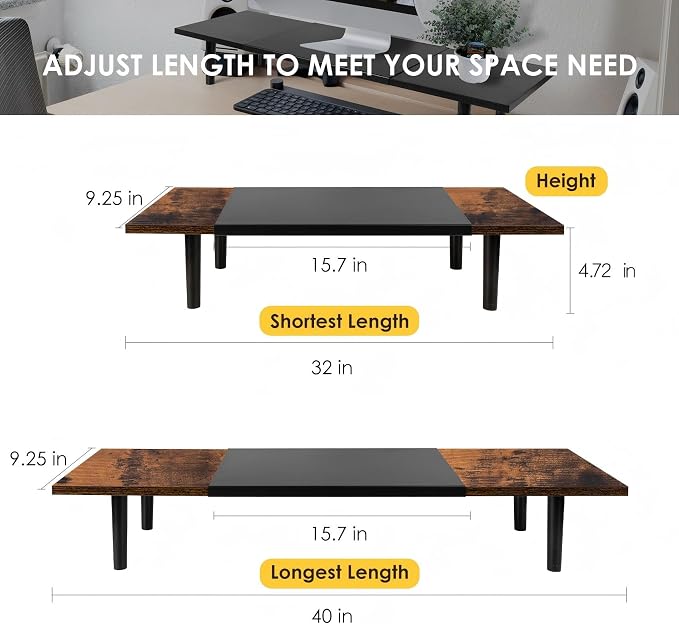 Across-Star Dual-Monitor-Stand-Riser-For-Desk Adjustable Length 32-40 Inch，Large Desktop Computer Monitor Riser For 2 Screens，Desk Shelf Organizer Riser Stand For Computer/Laptop/PC/Printer/TV Black - Image 3