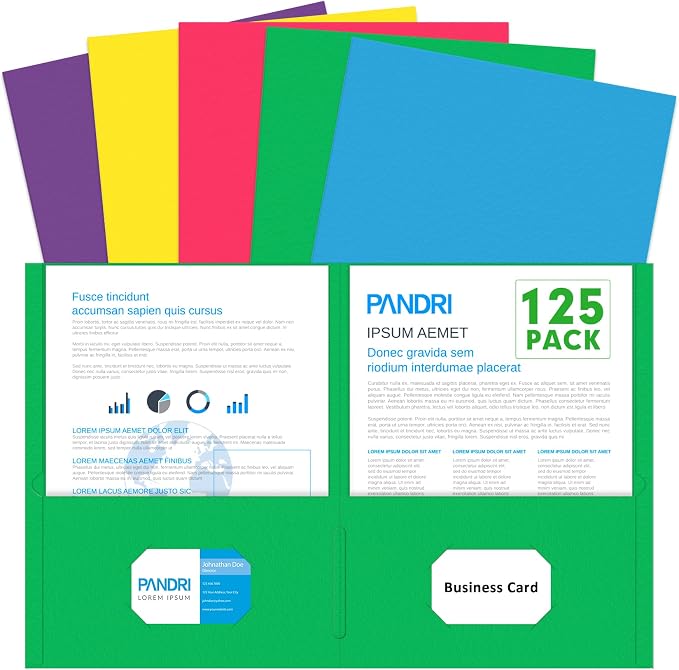 Two Pocket Folders, PANDRI 125 Pack 2 Pocket Folders, Letter Size Paper File Folder for School Office Home Business, Assorted 5 Colors by PANDRI