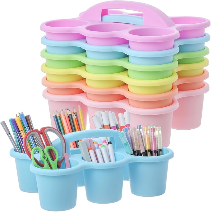 6 Pack Classroom Caddy Organizer with Handle Pastel Plastic Table Caddy Drink Cup Caddies Holder 12x9x3.5 Inches Storage School Supplies 6 Compartments for Table Crayon Pencil Cup Marker Craft by gisgfim