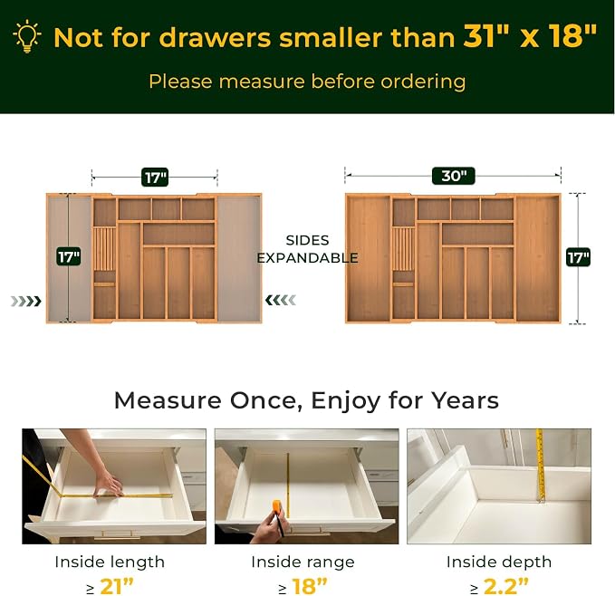 keechee Carbonized Large Bamboo Kitchen Drawer Organizer, 12 Slots Expandable Silverware Organizer, Utensil Holder & Cutlery Tray, 2.5" Deep for Extra Capacity, Non-Slip Feet Included - Image 2