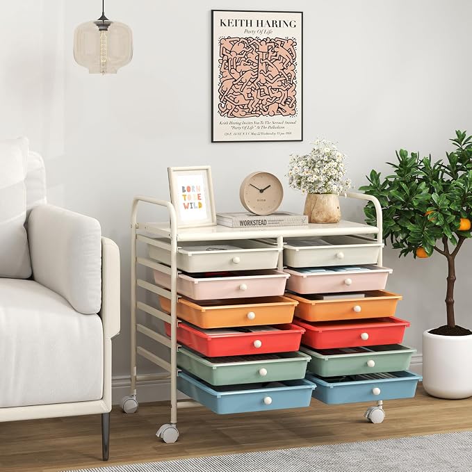 Giantex 12 Drawers Rolling Cart, Mobile Storage Drawer Cart, Classroom Organizer Cart for Office School Supplies Tools Scrapbook Paper Craft Small Printer, Utility Cart on Wheels, Macaron - Image 2