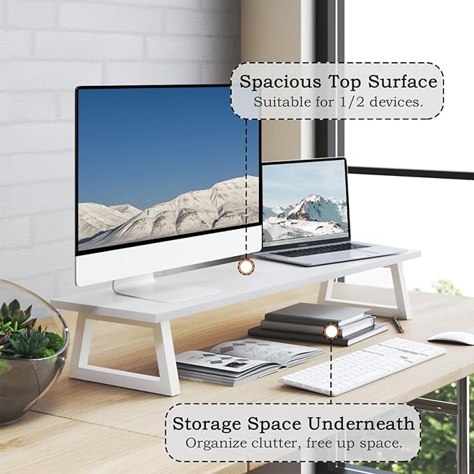 TEAMIX White Dual Monitor Stand Riser, 31.5 inch Long Stand, Desk Organizer | For Computer, Laptop, PC, Printer, Wood & Steel TV Stand, Holds 150lbs, Keyboard & PS5 Storage, For Home Office & Gaming - Image 2