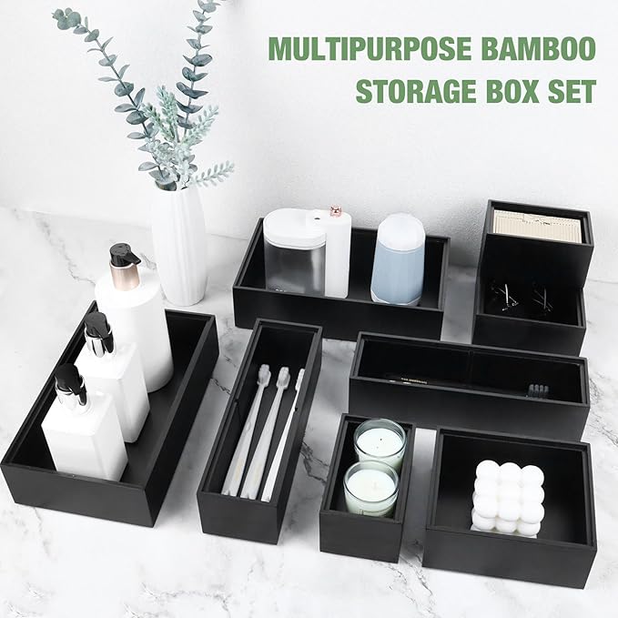 Bamboo Drawer Organizer Set, 8 PCS Black Multi-Use Drawer Storage Boxes, Junk Drawer Organizer Divider Bins for Bathroom, Kitchen, Office Desk, Makeup, Jewelry, Utensils - Image 6