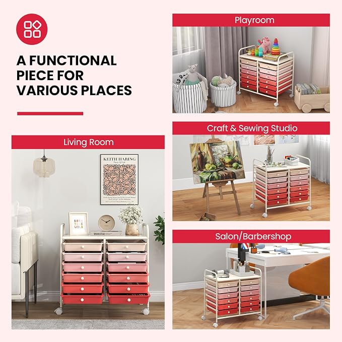 Giantex 12 Drawers Rolling Cart, Mobile Storage Drawer Cart, Classroom Organizer Cart for Office School Supplies Tools Scrapbook Paper Craft Small Printer, Utility Cart on Wheels, Pink Gradient - Image 5