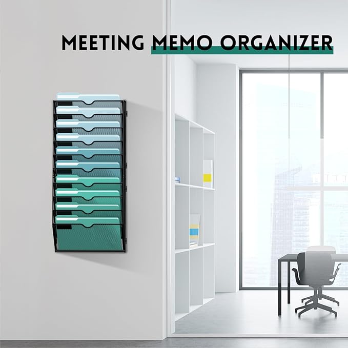 10-Tier Wall File Organizer, Hanging Wall Files for Papers, Folders, Magazines, Wall Organizer for Clipboard, Assembly Needed, Black, 2 Pack | Metal Mesh Hanging File Organizer with Open Compartments and Label Panels for Papers and Folders at Home, Off... - Image 6