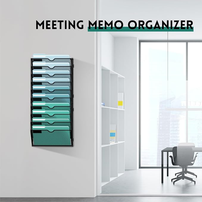 10-Tier Wall File Organizer, Hanging File Holder, Wall Mounted Mail Sorter | Metal Mesh Hanging File Organizer with Open Compartments and Label Panels for Papers and Folders at Home, Office or School - Image 6