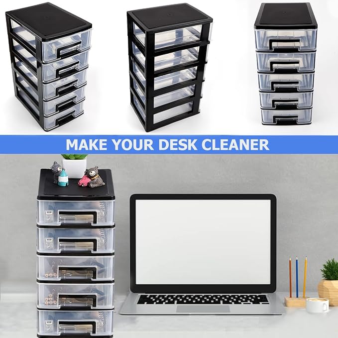 Plastic Desk Organizer,Desk Storage Box with 5 Drawers,Cosmetics Jewelry Storage Box Multifunction Storage Rack for Office School Home (Black &Transparent) - Image 7