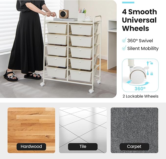 Giantex 10 Drawers Rolling Cart, Classroom Organizers, Storage Cart with Wheels, for Teacher Office Home School Supplies Tool Craft Art Paper, Ivory Color - Image 7