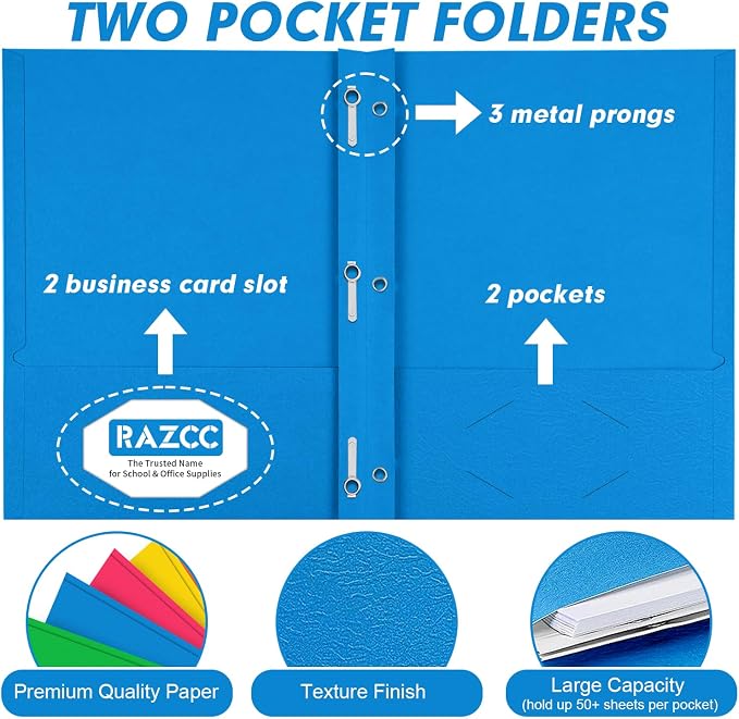 Two Pocket Folders, RAZCC 100 Pack Two Pocket with Prongs, 3 Prong Folders Fit Letter Size Paper, Pocket Paper File Folders for School Office Home Business, Assorted 5 Colors - Image 3
