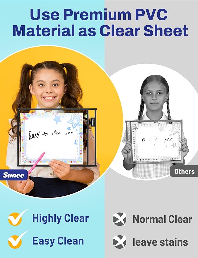 SUNEE 30 Packs Oversized Reusable Dry Erase Pocket Sleeves with 2 Rings, Black 10x14 Ticket Holders, Clear Plastic Sheet Protectors, Teacher School Classroom Supplies - Image 5