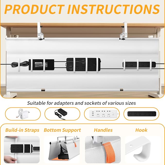 Under Desk Cable Management Tray No Drill,48Inch Cable Management,White | Clamp and Screw Mount Cable Management Tray, Extra Large Capacity Desk Cable Management, Fabric Wire Management for Office - Image 2