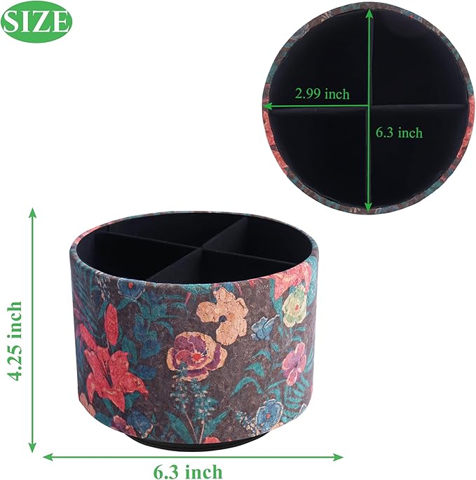 Round Leather Art Supply Organizer,Remote Control Holder,360 Degree Spinning,Multi-Functional Pencil Holder,4 Compartments Desktop Stationary Organizer(1-Wood Leather Red)