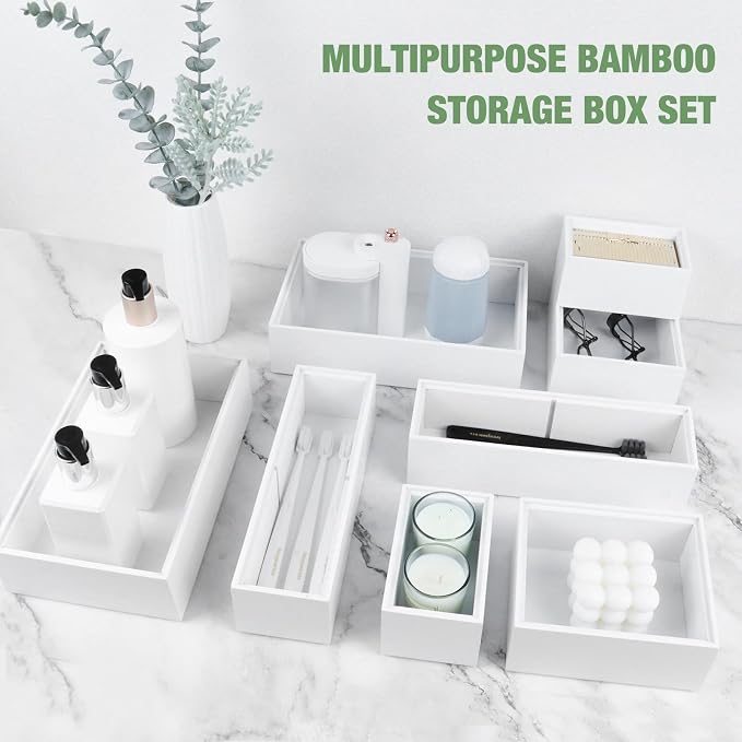 Bamboo Drawer Organizer Set, 8 PCS White Multi-Use Wood Drawer Storage Kitchen Boxes, Junk Drawer Organizer Divider Bins for Bathroom, Office Desk, Makeup, Jewelry, Utensils - Image 6