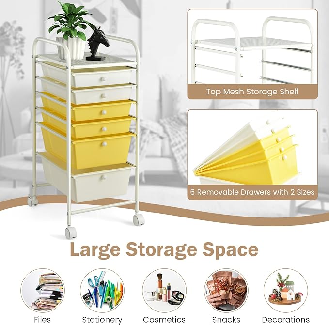 COSTWAY 6-Drawer Rolling Storage Cart, Art Craft Tools Organizer on Wheels | Multifunctional Heavy Duty Utility Mobile Storage Trolley w/ 2 Lockable Wheels for Home Office School (Yellow, Beige & Grey) - Image 4
