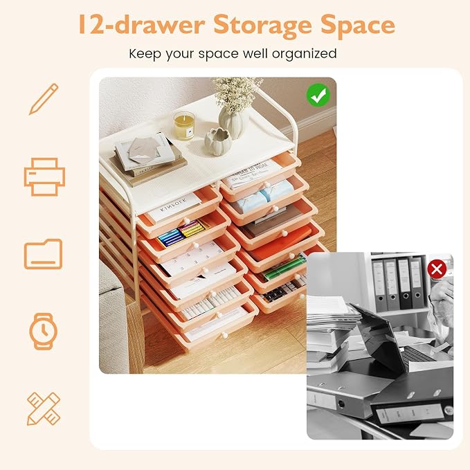 GOFLAME 12-Drawer Rolling Storage Cart, Multifunctional Art Craft Organizer Cart, Mobile Utility Storage Cart with Removable Drawers & Lockable Wheels, Craft Cart for Home Office School, Peach Fuzz - Image 5