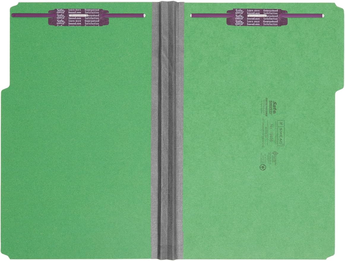 Smead Pressboard Fastener File Folder with SafeSHIELD Fasteners, 2 Fasteners, 1/3-Cut Tab, 2" Expansion, Legal Size, Green, 25 per Box (19938) - Image 2