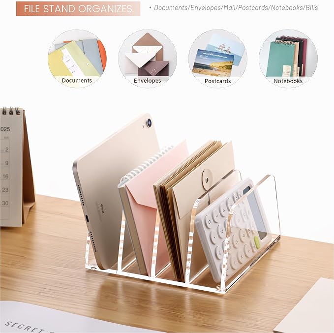 YUXUN Acrylic File Sorter,6.9"x6.6"x3.74",4 Sections Vertical Desk Organizer,Clear Mail Organizer File Holder Stand Rack Desk Accessories for Mail,Envelope,Letter,Notebook for Home/Office/Classroom - Image 5