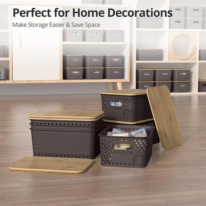Plastic Storage Bins with Bamboo Lids, Stackable Small Box Baskets for Organizing and Containers for Shelves Drawers Desktop Closet Pantry Classroom Office Home, 6 Pack 10.2x7.2x4.1 Inch, Brown - Image 7