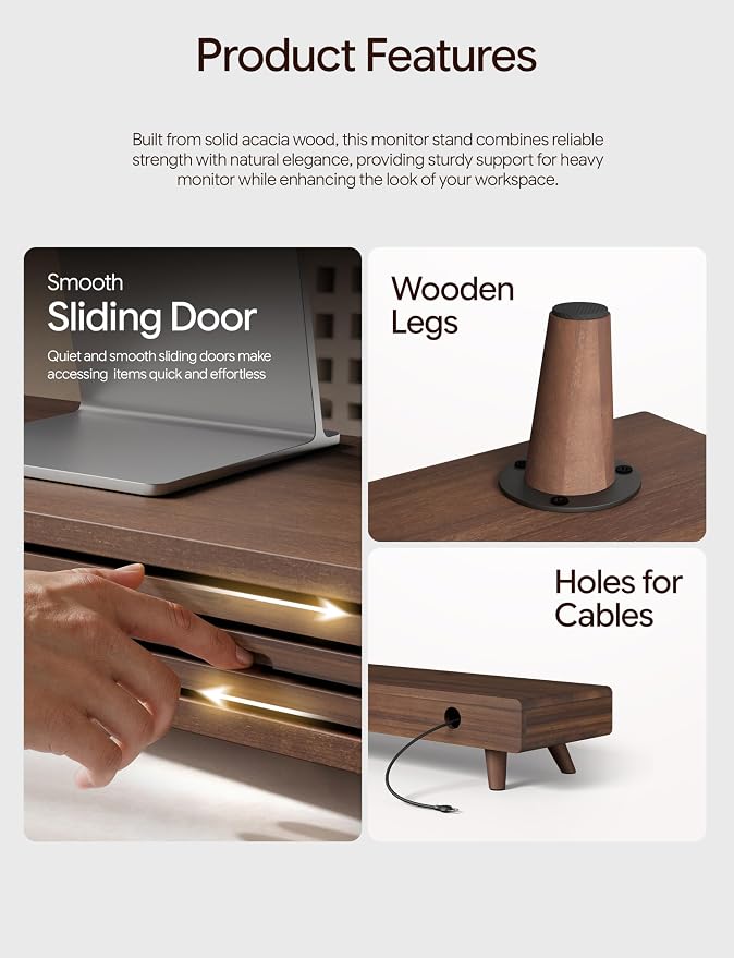Tinamo 24" Wooden Monitor Stand Riser with Storage Organizer, Walnut Color | Acacia Wood, Sliding Door, Cable Management, Fits up to 32" Monitors, Multi-purpose Storage, Used for Computer, Laptop, TV - Image 3