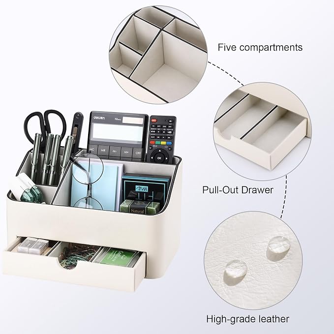 PU Leather Desk Organizer with Drawer, 5 Compartments Desktop Storage Caddy for Office Home Supplies, Pen Holder for Remote Control, Phone & Accessories, Mail Organizer Countertop Ivory White - Image 8