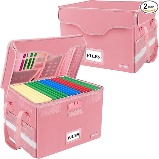 DocSafe Fireproof Document Box with Lock,File Storage Organizer with Pockets,Collapsible Portable File Box Home Office Safe Filing Cabinet with Handle for Hanging Letter/Legal Folders,Pink,2 Pack by DocSafe