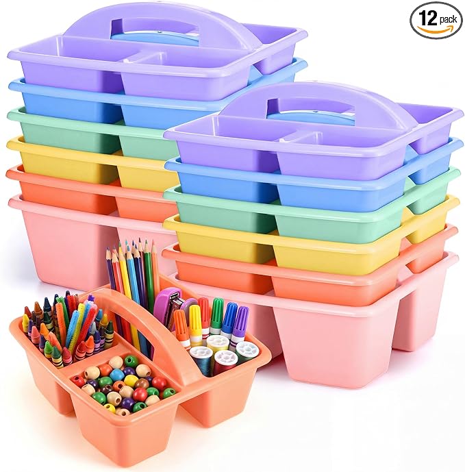Lineshading 12 Pack Plastic Classroom Caddy - 4 Compartment Organizer Boho Color Table Caddy with Handles for School Home Office Supplies (Yellow,Green,Blue,Pink,Red,Orange) by Lineshading