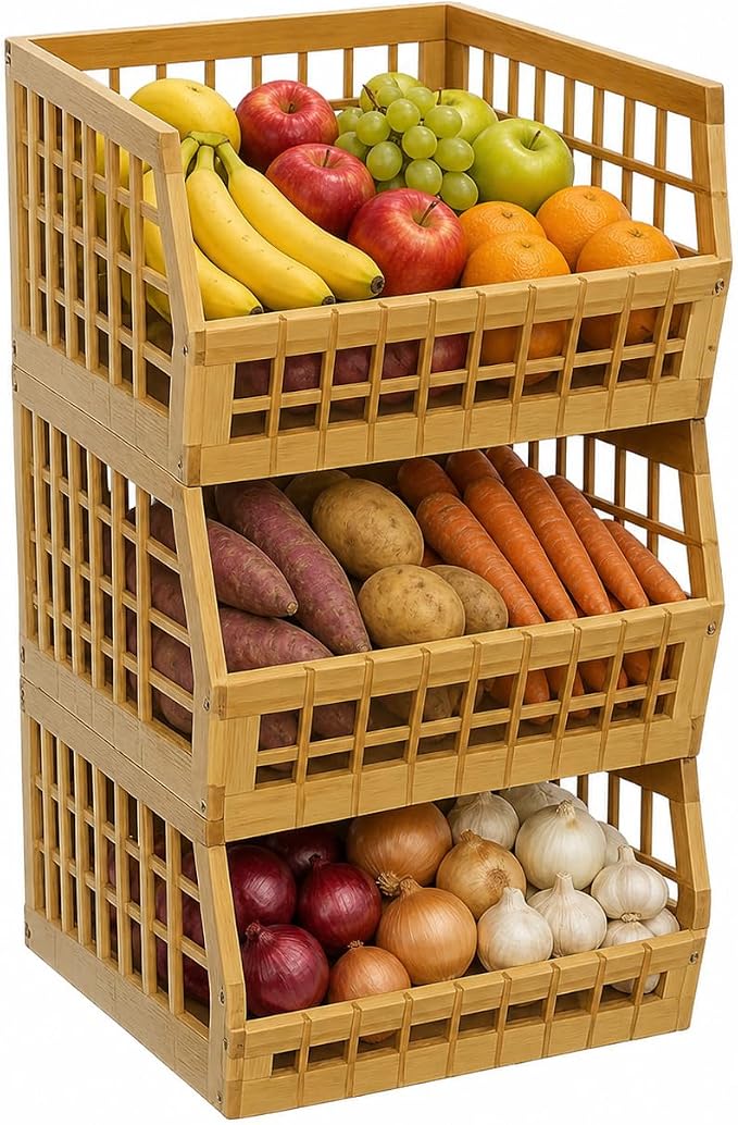 Bamboo Stackable, Open Front, Large Storage Bins - Lattice Design Set of 3 - Image 6