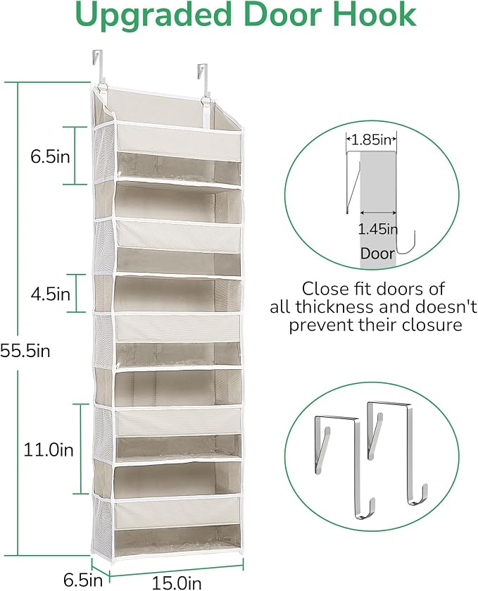 ULG 1-Pack Over Door Organizer with 5 Large Pockets 10 Mesh Side Pockets, 44 lbs Weight Capacity Hanging Storage Organizer with Clear Window for Bedroom Bathroom Kitchen, RV, Camper, Beige - Image 4