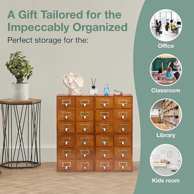 Stackable Modular 4-Pack 24 Drawer Wood Card Catalog Drawers for Desktop - Stackable Mini Storage Drawers for Office or Study Table - Arrange Your Own Drawer Storage Cabinet for Table, Fully Assembled - Image 7