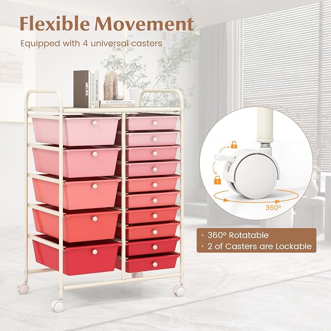 DORTALA 15-Drawer Rolling Storage Cart with Drawers, Rolling Utility Cart w/Removable Drawers & Universal Wheels, Tools Scrapbook Paper Organizer for School, Office, Home, Classroom (Gradient Pink) - Image 6
