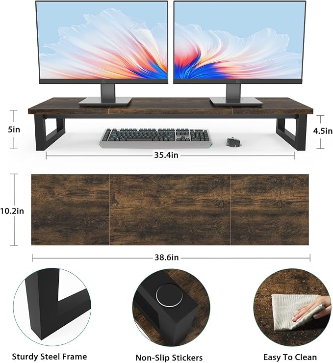 YAOHUOO Dual Monitor Stand Riser, 39Inch Large Monitor Stands for 2 Monitors, Computer Monitor Stand, Wooden Desktop Oraganizer Shelf for Office Desk Computer,Laptop,TV - Image 7