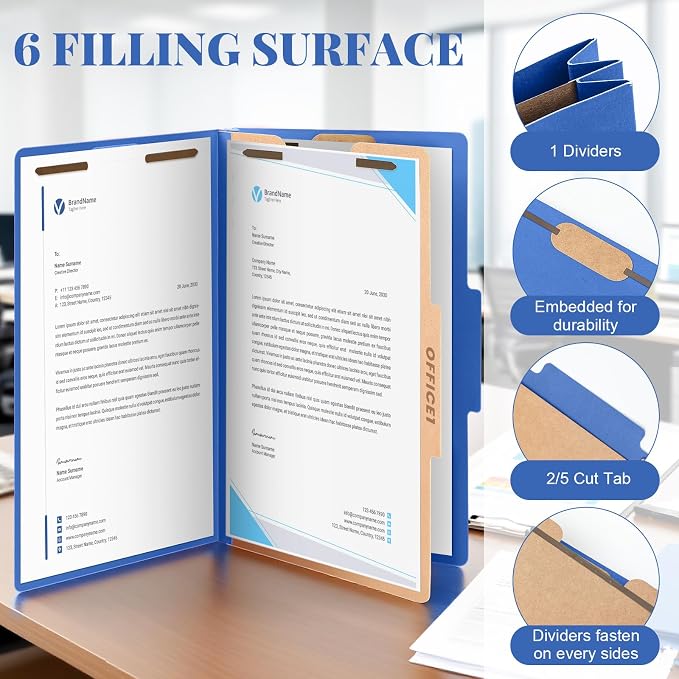 AmazingSpark 18 Pcs Legal Size Classification Folders Bulk 1 Divider Pressboard File Folder with Expansion 2 Prongs Fastener Heavy Duty Office File Organizer for School Hospitals Home (Dark Blue) - Image 3