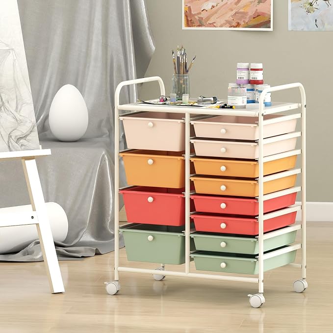 Giantex 12 Drawer Rolling Cart with Drawers, Storage Organizer Cart for Classroom Office School Teacher, Mobile Drawer Cart for Tools, Crafts, Small Printer, Macaron Multicolor - Image 4
