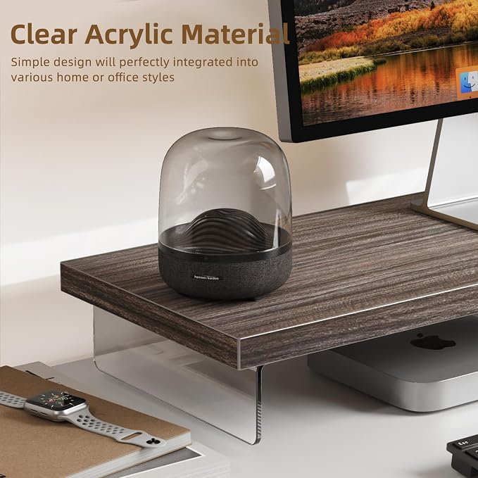 Monitor Stand Riser, 25x10 in Wood & Acrylic Computer Desk Organizer Shelf | Computer Monitor Stand With Wood & Acrylic Design; Works As Laptop Riser, Printer Stand, TV Screen Riser And Desk Organizer. - Image 2